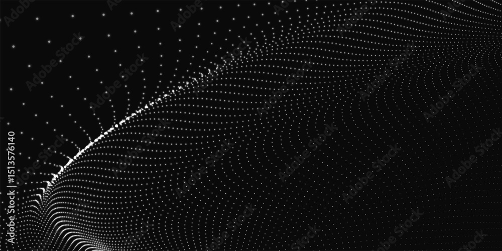 Poster futuristic dot wave. abstract digital particle wave. black and white music wave. dark background. di
