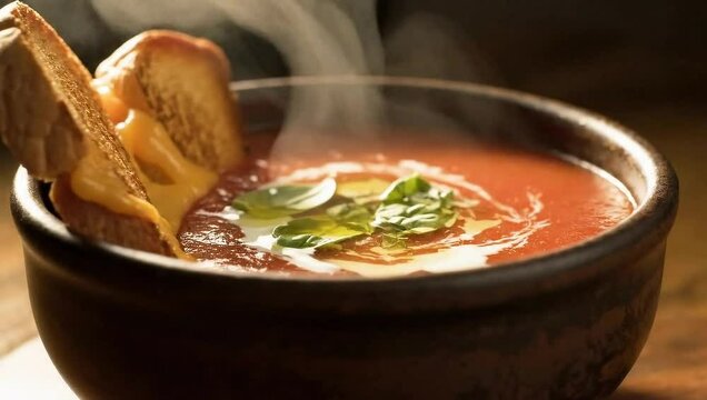 Sopa de tomate com torrada, decorada, gourmet