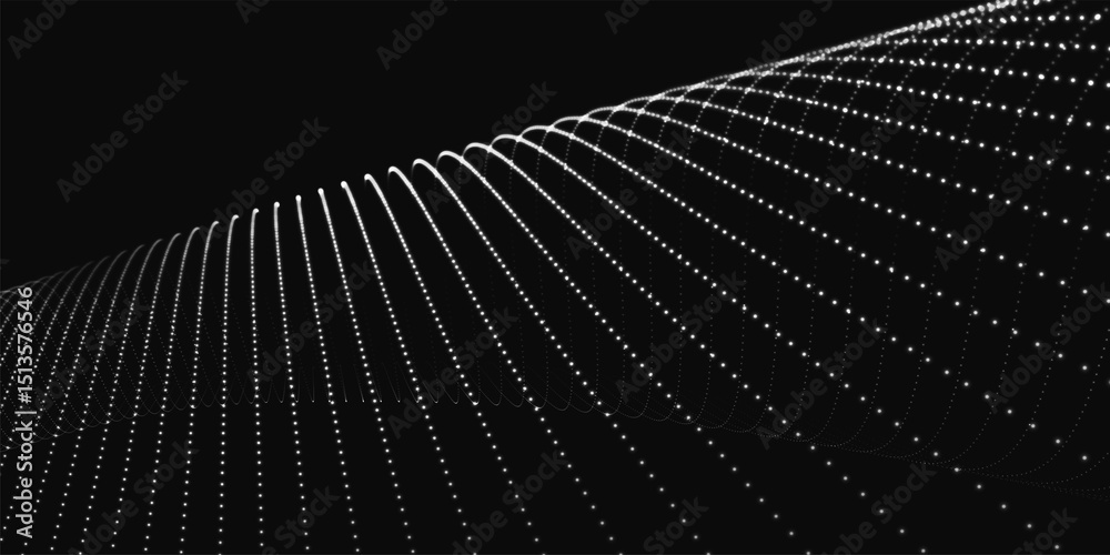 Poster futuristic dot wave. abstract digital particle wave. black and white music wave. dark background. di