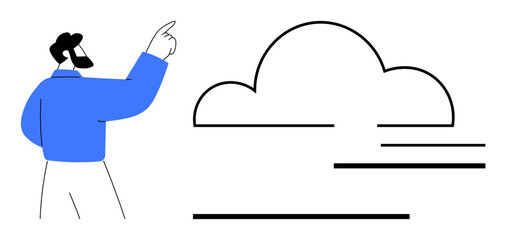 Man in blue shirt pointing at cloud with minimalist design elements. Ideal for technology, cloud computing, digital transformation, innovation, data storage, online services, flat simple metaphor