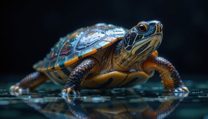 Obraz premium wet brazilian turtle in front of black background