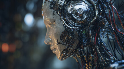 Cinematic closeup of an AI robot head half made, looks pensive and thoughtful, lost in contemplation about its own existence and capabilities