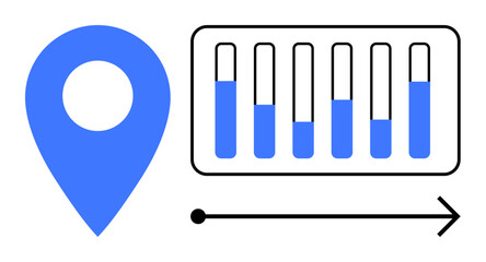 Blue location pin next to a bar chart featuring five progress bars and an arrow for forward direction. Ideal for data analytics, growth strategy, tracking, navigation, progress, performance, simple