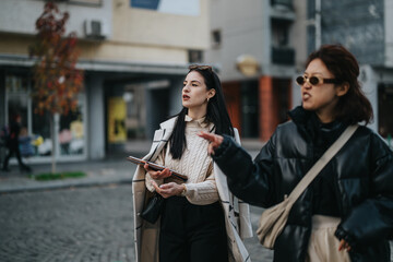 Women in stylish outfits converse and collaborate in an urban environment, emphasizing teamwork and...
