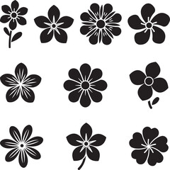 Collection of Ten Simple Black Flower Silhouettes Perfect for Crafts, Designs, and Digital Projects