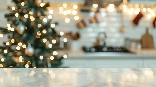 Festive kitchen scene featuring a blurred Christmas tree adorned with lights, with stockings hanging in the background, creating a warm and cozy atmosphere perfect for the holidays.