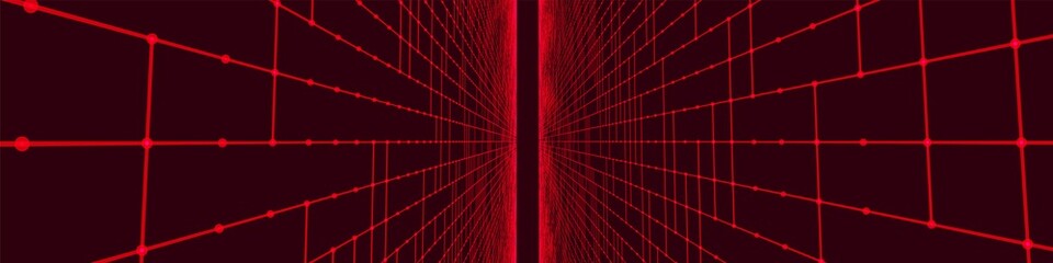 Futuristic colorful perspective grid. Abstract wireframe with blue grid on black background. Virtual landscape in digital style of 80s 90s. Simple perspective grid for design. 3D rendering