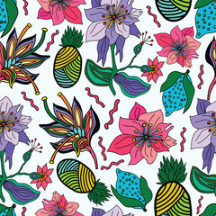 colorful flowers, lemons, pineapple spiral motif botanical colorful fantasy seamless pattern. It is good for decorations, textile, fabric, tiles and more.