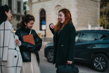 Fototapeta premium Three women in stylish attire enjoying a lighthearted conversation outdoors near a modern city setting.