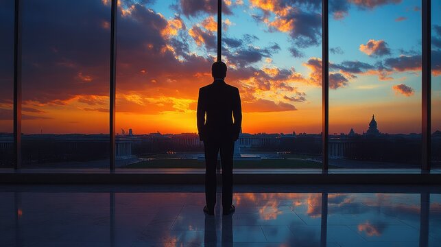 A pensive figure gazes at a breathtaking city sunset through a large window.