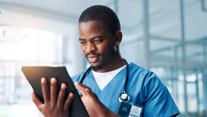Internet, doctor and black man in clinic, tablet or typing with email with connection. Healthcare,...
