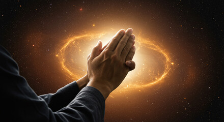 Hands in prayer position with cosmic energy and galaxy background