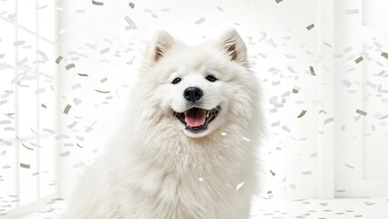 Fototapeta premium Happy fluffy white samoyed dog isolated on white background with confetti falling, celebrating a special occasion in a bright studio setting, full of joy and cheer