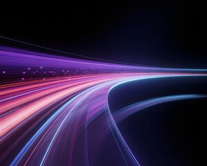 This dynamic image showcases a mesmerizing array of vibrant pink and blue light trails flowing across a dark background. Abstract Neon Light Trails on a Dark Background.