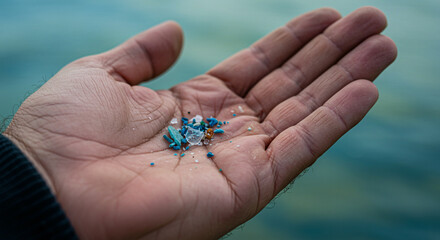 Naklejka premium Close-up of hand holding small plastic debris highlighting environmental impact