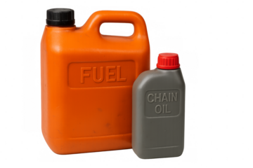 Orange fuel canister and grey chain oil bottle on transparent background