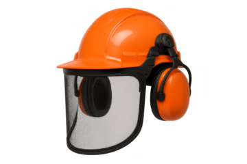 Orange protective helmet with ear and face protection on transparent background