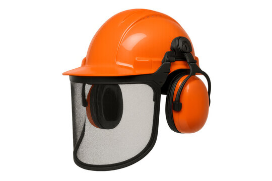 Orange protective helmet with ear and face protection on transparent background - Powered by Adobe