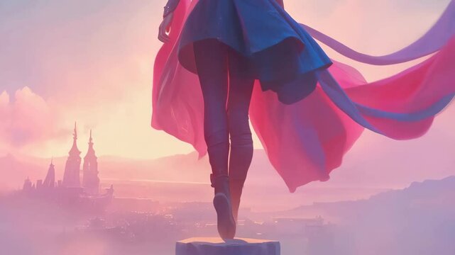 Woman standing on a pillar with flowing garment. Anime character with Asian fantasy castle background at sunset. Fantasy game concept