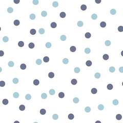 Soft pastel polka dot seamless pattern with light blue and navy dots on white background. Minimalist retro repeat design for baby textiles, nursery wallpaper, and Scandinavian home decor.