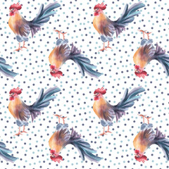 Watercolor roosters and pastel polka dots seamless pattern isolated. French farmhouse style repeat background with birds for rustic kitchen textile, fabric, and country packaging, modern print.