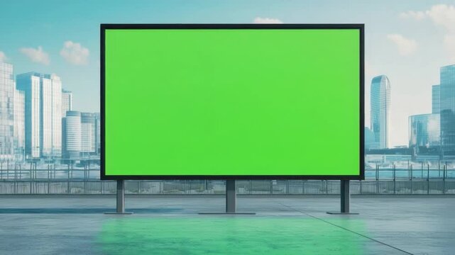 Empty Green Screen Billboard in Modern Cityscape with Urban Skyscrapers and Clear Sky Background