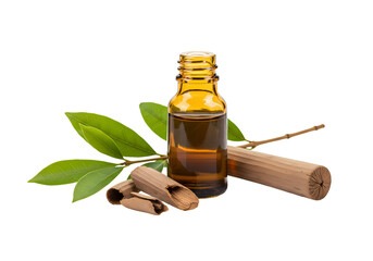 Cinnamon Essential Oil Amber Bottle Aromatic Bark and Lush Green Leaves isolated on transparent baackground
