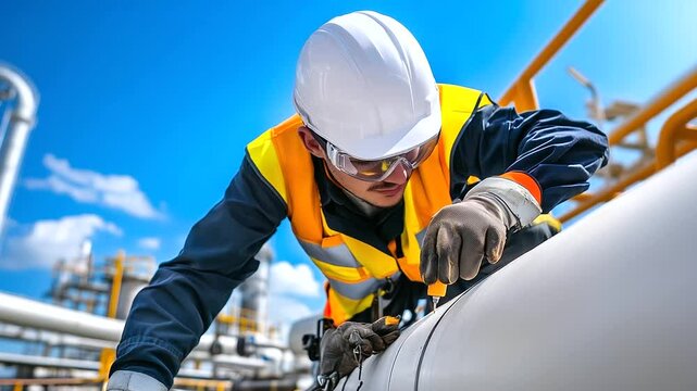 An industrial worker in full protective gear, wearing a hard hat, safety goggles, and reflective vest, carefully inspecting the welded seams of a towering white LNG storage tank un