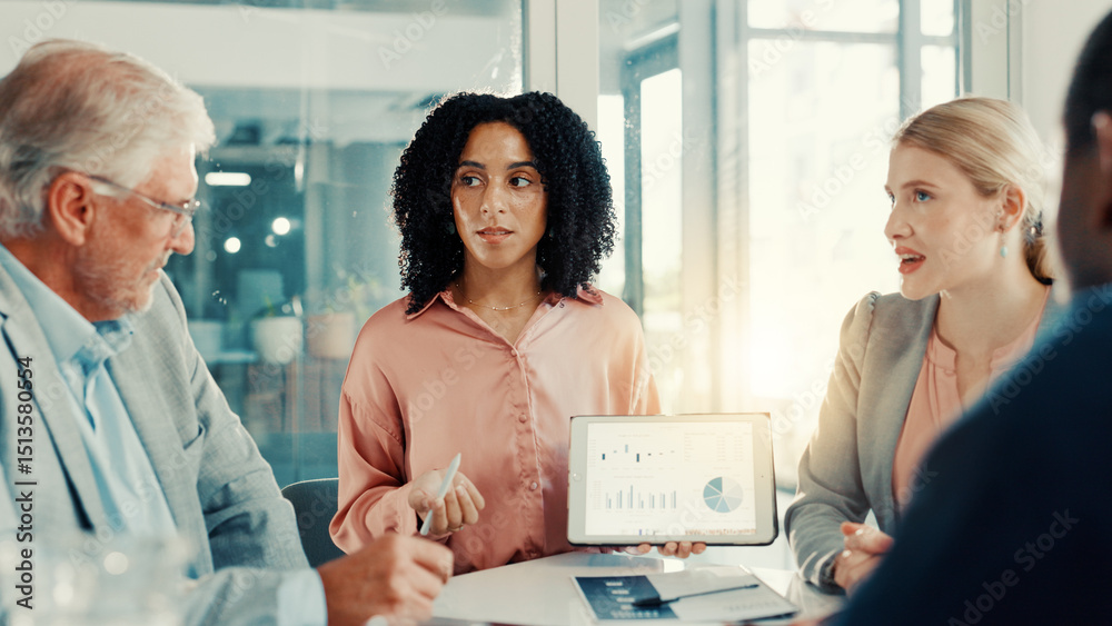 Poster Proposal, business woman and tablet screen with graph in meeting, investment stats or planning. Office, analyst and team brainstorming with technology for financial data, metrics and presentation