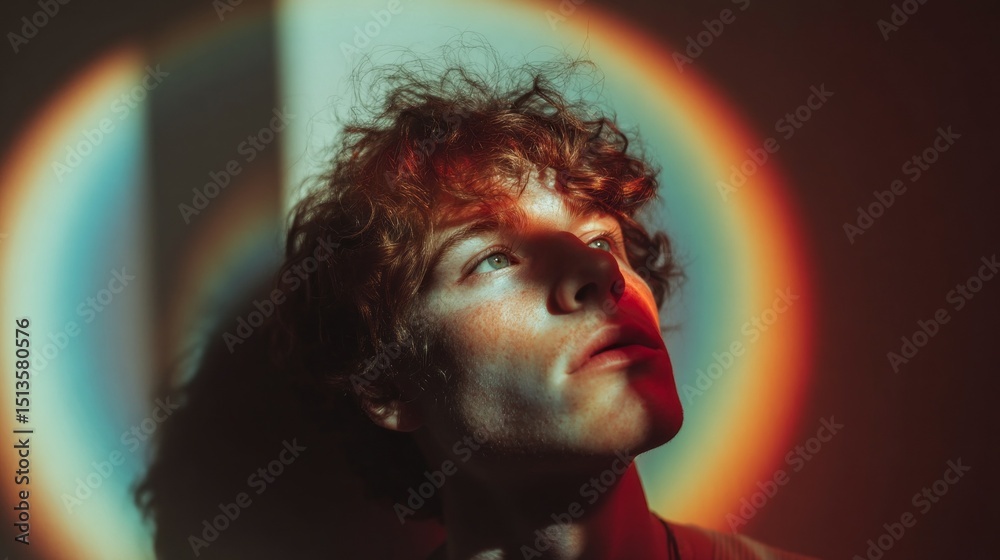 Poster a young man looks upward, illuminated by a soft rainbow halo effect around him. the gentle bokeh bac