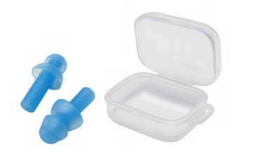 Blue silicone earplugs with transparent carrying case on transparent background