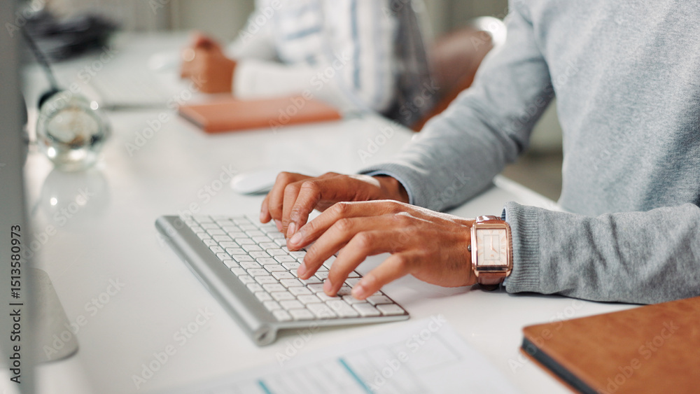 Poster computer, hands and typing with business person at desk in office for administration or report. keyb