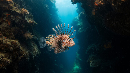 Obraz premium School of tropical fish and a colorful lionfish swim among coral reefs in the deep blue ocean