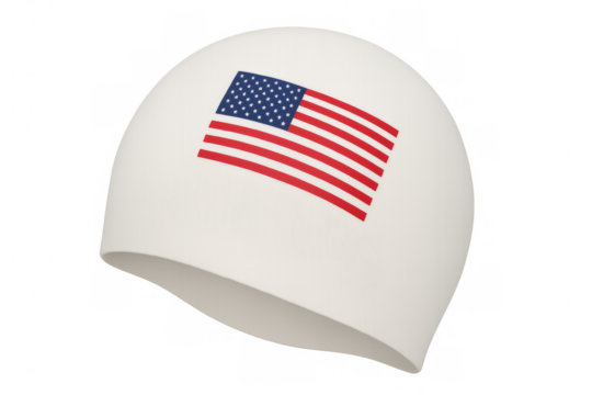 White swimming cap showing united states flag on transparent background