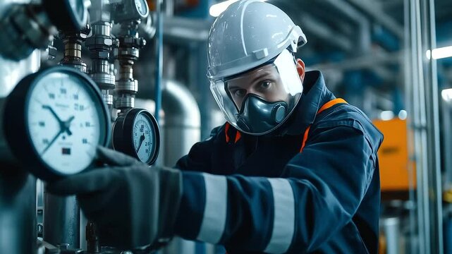 A skilled technician wearing a full-body safety suit and helmet, carefully monitoring the pressure gauges installed on the side of a giant LNG storage tank, emphasizing safety meas