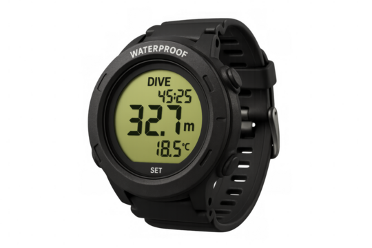 Waterproof digital diving watch showing dive time, depth, and temperature on transparent background