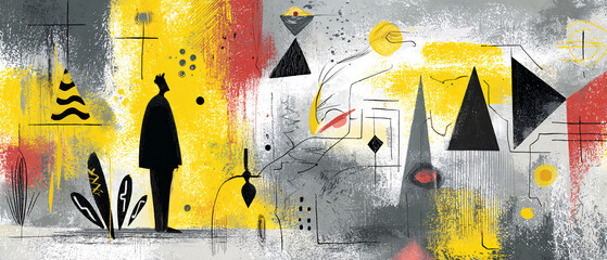 Fototapeta premium Contemplative man silhouette in abstract geometric landscape with yellow and red accents, evoking modern art and conceptual design