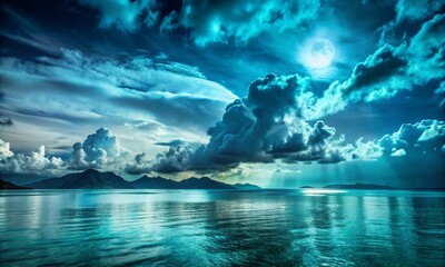 Naklejka premium Blue-green clouds over the sea. Toned dark water and sky. Background with space for design. Silhouette of mountains on the horizon. Calm atmosphere. Moonlight. Fantasy, mystic