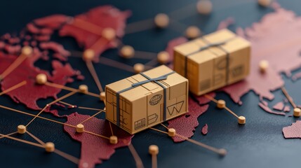 economy tourism technology concept. Global logistics concept with packages over a red world map and connections.