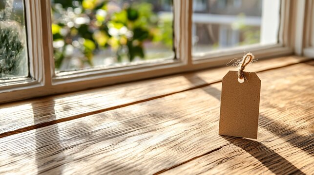 biodegradable packaging mockup with jute string seal, rustic wood background, blank tag label in focus, daylight coming from window, warm earthy composition