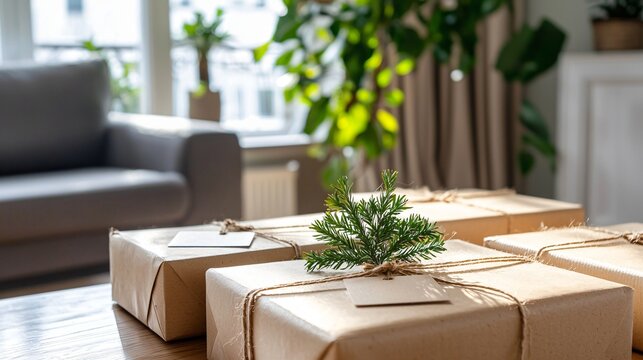 biodegradable packaging mockup with jute string seal, rustic wood background, blank tag label in focus, daylight coming from window, warm earthy composition