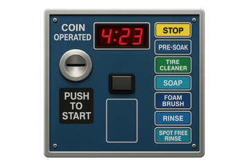 Coin operated self-service car wash control panel showing time and options on transparent background