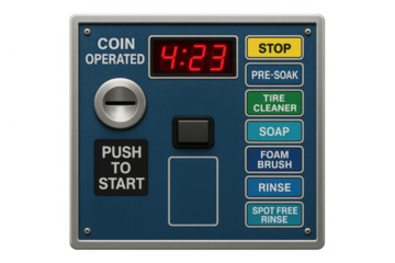 Coin operated self-service car wash control panel showing time and options on transparent background