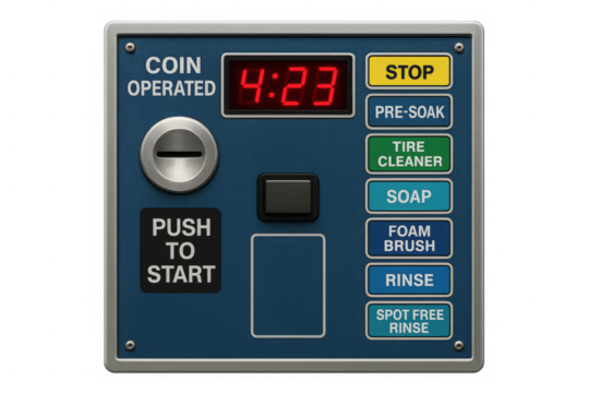 Coin operated self-service car wash control panel showing time and options on transparent background