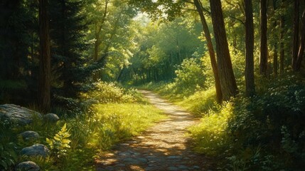 Obraz premium Sun-Drenched Path Through Lush Green Forest Landscape Evokes Tranquility