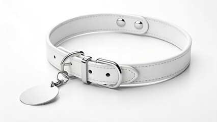 White leather dog collar with metal buckle and tag isolated on white background