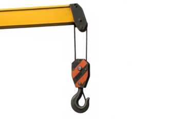 Yellow crane arm lifting hook with transparent background