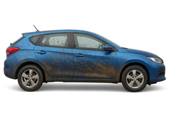 Obraz premium Blue hatchback car covered in mud on transparent background