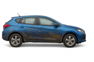 Blue hatchback car covered in mud on transparent background