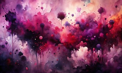 Black dark purple pink burgundy wine magenta maroon plum watercolor water. Abstract art, colorful background. Splash daub stain blob splatter grunge. Fantasy. 